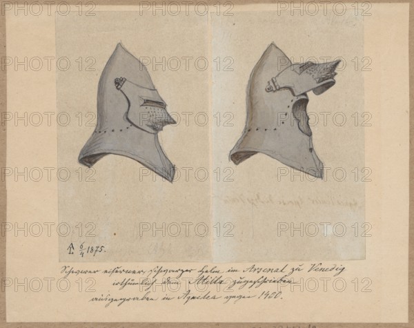 A 14th-century helmet in two views with a closed visor; drawing on paper glued by two side edges to a common cardboard, which is glued by its upper edge to a larger brown cardboard, 1875; drawing height 12.9 cm, width 8.0 cm; support height 16.4 cm, width 20.9 cm; cardboard height 34.8 cm, width 25.1 cm; military helmet, armor, knights' armor; maker/draughtsman: Aleksander Lesser 1814–1884; associated names: Emilian Lesser 1848–1912, Wiktor Stanislaw Zygmunt Lesser baron; 1853–1935., The image shows a pair of helmet sketches on a pale beige background mounted on a slightly darker beige sheet; each helmet is drawn in shades of gray with darker gray outlines and shading, and small areas of brownish-gray near the openings. The left helmet is shown in a profile view with a pointed top, a visor-like protrusion with perforations, and a flared lower edge; the right helmet is a similar pointed form shown at a different angle with a hinged visor drawn partially raised, visible rivets along the ...
