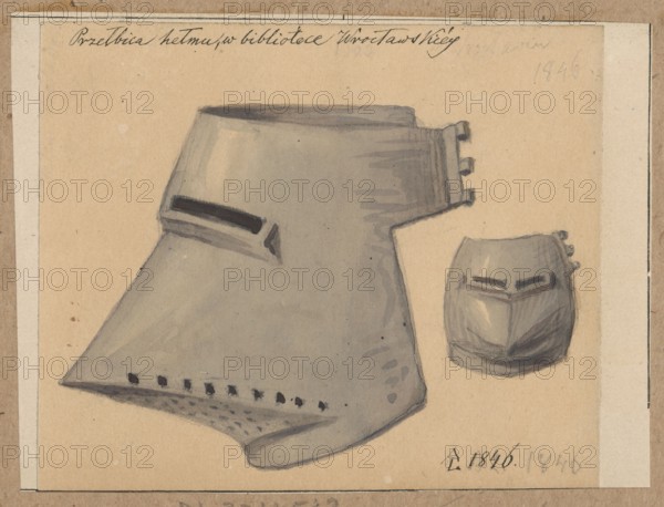 Helmet visor, 14th/15th century. Drawing on paper glued with the entire surface to cardboard, which is glued with its edge to a larger brown-toned cardboard. 1846. Drawing: height 9.8 cm, width 11.7 cm; base: height 10.0 cm, width 13.5 cm; cardboard: height 25.0 cm, width 35.2 cm. Depicts a helmet visor; related subjects: helmets, army, militaria, knights' armour., A drawing of two medieval-style helmets on a beige background, one large helmet on the left and a smaller helmet on the right; both are rendered in gray tones with darker gray shading and highlights, each showing a narrow horizontal eye slit and angular contours; the large helmet has a sloped front with a series of small dark openings along the lower edge and a stepped flange at the side, while the smaller helmet shows a rounded front with pronounced central ridge and darker shadowing under the brow; the paper has a thin off-white border and a surrounding darker brown mount.