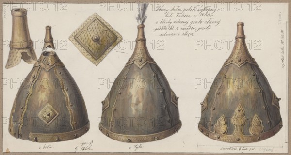 Old Polish helmet excavated near Kalisz in 1866; drawing by Aleksander Lesser 1814–1884. Subject: militaria — army, helmets, armor, knights' armor; archaeological excavation at Kalisz Greater Poland Voivodeship. Media: drawing on paper glued across the entire surface to paper of similar dimensions, which is glued with the upper edge to gray cardboard. Date: 1866. Type: drawing. Dimensions — card: height 15.6 cm, width 29.7 cm; cardboard: height 25.8 cm, width 35.7 cm., The image shows a watercolor illustration of three conical metal helmets displayed side by side with a few detached small metal pieces above the left helmet; the helmets have rounded cone shapes with narrow cylindrical tops and decorative metal edging and rivets. The visible colors include shades of brown, gray, bronze, gold, ochre, and muted green with darker gray shadows and lighter highlights; the metal surfaces show mottled patches of these colors. The helmets feature decorative elements in a gold-bronze tone, a few ...