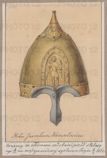 Yaroslav Vsevolodovich's helmet found in 1818 in the Vladimir Governorate on the Koloksha River; depiction includes militaria, army helmets and knights' armor associated with Yaroslav II Vsevolodovich Grand Prince of Kiev and Vladimir; 1191–1246; iconography includes Jesus Christ, St. George, ?–ca. 303, Archangel Michael, St. Basil, and St. Theodore. Drawing on paper glued across the entire surface to paper of similar dimensions, which is glued with the upper edge to gray cardboard. 1867, Paris . Drawing: height 13.1 cm, width 9.2 cm; backing: height 14.6 cm, width 9.8 cm; cardboard: height 35.6 cm, width 26.0 cm., A painted illustration of a helmet shown upright on a pale beige background, rendered with watercolor tones of gold, bronze, gray, blue, and brown; the helmet has a rounded golden dome with darker bronze shading and decorative golden bands near the base and apex, featuring engraved reliefs of a winged figure and other small ornamental motifs; the base of the helmet shows a s...