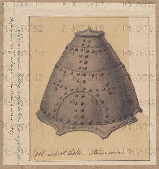 Helmet, drawing glued across the entire surface onto paper of similar dimensions, which was glued with the upper edge onto brown cardboard; 1867, Paris; drawing: height 13.0 cm, width 10.9 cm; support: height 14.8 cm, width 13.9 cm; cardboard: height 34.4 cm, width 25.1 cm. Makers/attributions: Lesser, Alexander 1814–1884; roles: draughtsman/author. Subject/materials/functions: helmet, militaria, army, helmets, armor, knights' armor; ., A drawing of a rounded helmet-like metal object with a conical top and a flared, scalloped base, depicted in shades of gray and dark gray with darker spots representing rivets or studs; the object sits on a beige background framed by a lighter beige border and an outer brown paper mat, and there is a narrow vertical strip along the left edge showing handwritten markings that are not described.