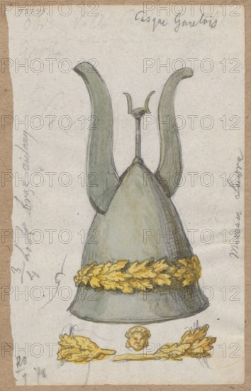 Galician helmet; verso: sketch of a male figure; draughtsman Aleksander Lesser 1814–1884;, noted; army, militaria, armor, helmets; knightly armor; draughtsman Emilian Lesser 1848–1912 also noted; draughtsman Wiktor Stanislaw Zygmunt Lesser baron; 1853–1935 also noted; sketches on both sides of a sheet of paper, glued to cardboard in two places with its side edge in brown tone; 1878, Paris; drawing; drawing: height 13.0 cm, width 8.2 cm; cardboard: height 34.8 cm, width 24.7 cm., A hand-drawn and colored depiction of a tall helmet with two upward curving horns and a central vertical ornament, rendered mostly in muted gray-green tones; a wide decorative band around the lower part of the helmet is colored bright yellow with darker yellow and brown shading to suggest texture; below the helmet are several small decorative motifs also in yellow and brown, including a small rounded element and two leafy or feather-like clusters flanking a short horizontal piece; the background is a light off-...