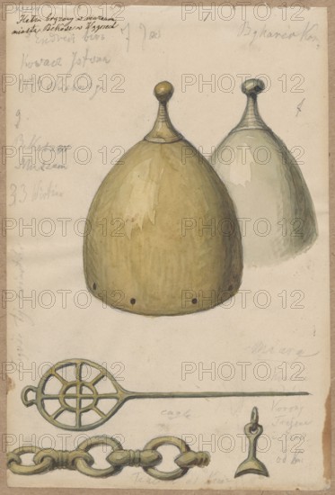 Two helmets and armament elements; drawing glued with the upper edge to a tone of cardboard brown. 1874. Drawing: height 19.1 cm, width 12.8 cm; cardboard: height 34.7 cm, width 25.1 cm. Subjects: militaria, helmets, army, armor, knights' armor. Makers/associated names: Lesser, Alexander 1814–1884; Lesser, Emilian 1848–1912; Lesser, Wiktor Stanislaw Zygmunt baron; 1853–1935. Unknown place of origin., A watercolor drawing on a cream paper sheet showing a pair of dome-shaped objects with rounded finials, one in front colored yellowish-green with darker shading and small dark dots along its base, and a paler grayish dome partially behind it; below them a long thin rod with a circular openwork paddle at one end, painted greenish-gray, and a short hooked piece nearby; along the bottom a segment of linked chain rendered in greenish-brown tones; the background is an off-white paper with a few pencil sketches and faint marks around the edges.