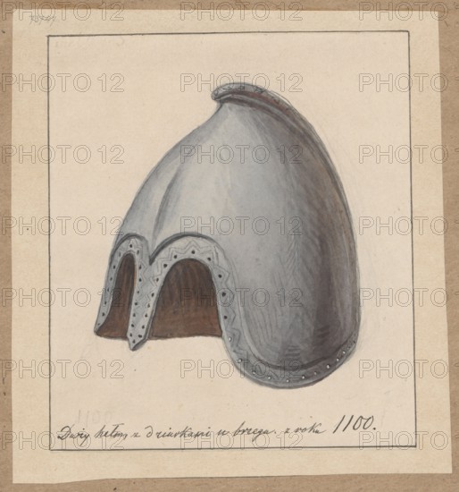 Large helmet with holes at the rim from 1100, shown at the International Exhibition in Paris in 1867. Drawing on paper, glued across the entire surface onto a cardboard of similar dimensions, which was glued across the upper edge onto a larger cardboard together with DI 32455/2. Drawing, 1867, Paris. Drawing: height 12.8 cm, width 11.3 cm; support: height 14.8 cm, width 13.6 cm; cardboard: height 34.7 cm, width 25.1 cm. Maker/draughtsman: Alexander Lesser 1814–1884., A painted depiction of a helmet rendered in shades of gray with darker gray shading and subtle brown tones along its lower interior and edges, showing a rounded dome with a raised crest on top and scalloped front openings edged with decorative perforations, set against a beige background framed by a thin darker border and a wider tan mounting border.