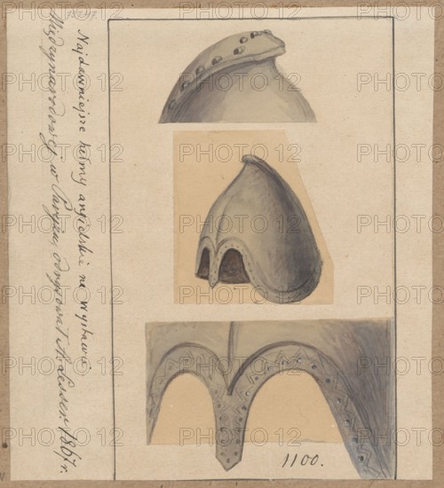 Helmet and its details at the International Exhibition in Paris in 1867, drawing by Alexander Lesser 1814–1884, gift, militaria; subject: army helmets, armor, knights' armor, British army; drawing of the helmet glued across the entire surface onto cardboard, which was glued with its upper edge onto a larger cardboard together with DI 32455/1. 1867, Paris; drawing on card: 14.7 × 13.3 cm; cardboard: 34.7 × 25.1 cm., The image shows a sheet with three watercolor sketches of a rounded helmet-like object arranged vertically against a beige background, with a narrow dark border framing the sheet. The top sketch depicts the upper portion of the rounded object in shades of gray and beige with small dark circular details along a curved edge. The middle sketch shows a three-quarter view of the helmet form in gray tones with darker shading along one side and a scalloped lower edge revealing two dark openings. The bottom sketch presents a close-up of the lower edge with two arch-shaped openings a...