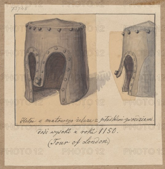 12th-century helmet — side and general views. A matt iron helmet with a flat nasal, quite high, dated circa 1150s. Pen-and-ink and wash drawing on paper, glued onto cardboard upper edge attached to a larger brown-toned cardboard. Drawing: 10.6 × 10.3 cm; overall cardboard: 34.7 × 25.1 cm. Made between 1851–1884 by Aleksander Lesser 1814–1884., The image shows a drawing of a helmet-like object rendered twice, once larger on the left and once smaller on the right, both with rounded tops and a front opening edged with riveted plates; the objects are depicted in shades of gray and brown with darker gray interior shadows and black outlines, set against a beige paper background with lighter cream and tan areas, and a faint brown border around the whole composition.