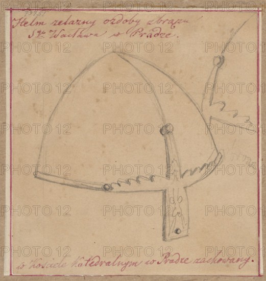St. Wenceslas's helmet from the cathedral church in Prague, Alexander Lesser 1814–1884 draughtsman / author; ; army, militaria, helmets, armor; Wenceslas I the Saint Prince of Bohemia; ca. 907–929; knights' armor; iconography of Wenceslas I the Saint; St. Wenceslas's Cathedral, Wenceslas and Wojciech Prague. Drawing on paper, glued across the entire surface to a cardboard of similar dimensions, which is glued across the top edge to a larger brown-toned cardboard. Date: 1830–1884. Place: Prague. Medium: drawing, sketch. Dimensions: drawing height 10.7 cm, width 10.0 cm; backing height 11.0 cm, width 10.5 cm; cardboard height 35.3 cm, width 24.9 cm., A pencil sketch on aged beige paper shows a simple helmet with curved dome lines and a narrow rim, attached to a decorated vertical strap with a pointed lower end and a small circular detail; a scalloped ornamental band runs along the rim where the strap meets the helmet, and a partial second strap is visible extending upward and out of fram...