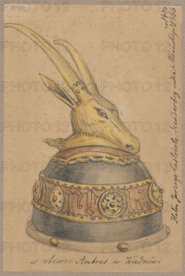 Helmet of George Castriot Scanderberg; verso: details from the monument of George Hofer in Innsbruck in Tyrol, Lesser, Alexander 1814-1884 draughtsman/author, militaria, army, helmets, armor, knights' armor, helmets, Scanderbeg, Giorgio Castriota 1405-1466, details, sculpture artist, tomb sculptures, Scanderbeg, Giorgio Castriota 1405-1466 - iconography, Innsbruck Austria, Lesser, Alexander 1814-1884, Lesser, Wiktor Stanislaw Zygmunt baron; 1853-1935, Drawing on paper, with the upper edge glued to grey cardboard, 1830–1884, Vienna, drawing; drawing: height 15.6 cm, width 10.5 cm; cardboard: height 35.7 cm, width 25.8 cm, The image shows a colored drawing of a decorative helmet topped with a stylized animal head that resembles a goat or antelope, with long curved horns and upright ears; the head is rendered in yellow and light brown tones with darker pencil or ink outlines and shading. The helmet body is dome-shaped in dark gray and blue-gray shades with a wide decorative band around it...