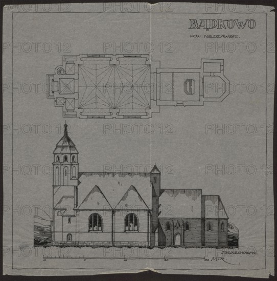 Badkowo. Church. Bottom plan and side elevation, Wojciechowski, Jaroslaw 1874-1942 author, churches architect, designs, architectural plans, towns, Badkowo Kuyavian-Pomeranian Voivodeship, modernism style, traditionalism architect, monument conservation, bottom scale: 30 m = 15 cm, ca. 1916, drawing, architectural drawing, height 33.5 cm, width 33.5 cm, The image shows a detailed architectural drawing on gray paper with thin black border lines; a plan view of a building is drawn near the top and an elevation view of the same building occupies the lower portion. The plan outlines rooms and structural elements with dashed lines and solid black outlines. The elevation shows a multi-part structure with pitched roofs, a tower with a conical roof and arched openings, arched windows along the main façade, and an entrance with an arched doorway. The drawing lines are black, and the paper background is gray with a few small wrinkles and a vertical fold down the center. A thin dark frame surroun...