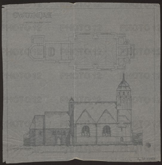 Badkowo. Church. Bottom plan and side elevation by Wojciechowski, Jaroslaw 1874–1942 architect. Architectural drawing of a church, ca. 1916. Materials/format: drawing; architectural plans. Style: modernism, traditionalism; monument conservation. Scale: bottom scale 30 m = 15 cm. Dimensions: height 33.5 cm, width 33.5 cm., A grayscale drawing on thin translucent paper showing an architectural plan and elevation of a church; the top portion displays an overhead floor plan with outlined geometric rooms and patterns, and the lower portion shows a side elevation with a long nave, pitched roofs, arched windows, an entrance doorway, and a tall tower with a conical roof and belfry openings; the sheet has visible creases along the center, slightly irregular edges, and faint texture across the surface.