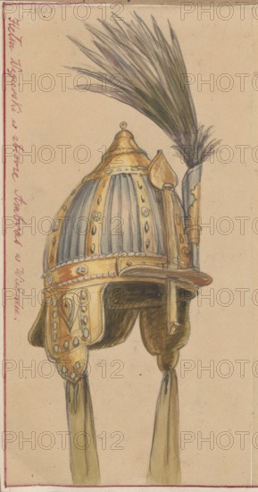 Hungarian helmet, drawing on paper glued to paper; with DI 32462/2 MNW glued by its upper edge to larger brown cardboard, ink/graphite drawing, 1830–1884, Vienna; drawing: H 18.4 cm × W 9.5 cm; support: H 18.8 cm × W 21.7 cm; cardboard: H 35.4 cm × W 25.5 cm., The image shows a detailed drawing of an ornate helmet with a tall plume of long narrow feathers. The helmet is depicted in shades of gold and gray with highlights of brown and muted green, and it has decorative rivets and panels. The plume is rendered in tones of green, gray, and brown. Hanging elements and flaps extend from the lower sides of the helmet in muted brown and olive hues. The background is a pale beige.