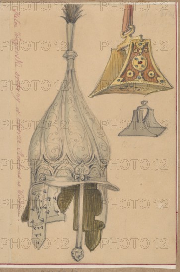 Hungarian silver helmet, drawing on paper glued with its entire surface to paper together with another drawing, which is glued with its upper edge to a larger brown cardboard; drawing dated 1830–1884; medium: drawing; support: drawing height 18.5 cm, width 11.7 cm; overall support height 18.8 cm, width 21.7 cm; cardboard: height 35.4 cm, width 25.5 cm; subject: Hungarian silver helmet; related subjects: militaria, army, helmets, armor, Hungarian army, knights' armor., A drawn helmet-like object with an elongated bulbous top decorated with swirling patterns and a tuft at its peak is shown on a tan background; the lower part includes ornamental plates and hanging dark brown and olive green cloth pieces, with decorative rivets and a rounded pendant at the bottom. To the upper right there is a separate sketch of a flared, triangular object shaded in yellow, brown, and red with circular embellishments and small dark blue details, and a small gray shaded version of the same shape nearby. The...