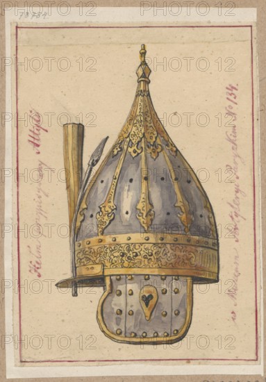 Helmet attributed to Attila, drawing of a helmet; ink or pencil on paper glued on tracing paper, glued at the upper edge to brown cardboard. Subject: helmet/armor associated with Attila king of the Huns, 406–453; militaria/helmets; knightly armor. Maker/attribution: lesser, Alexander 1814–1884 illustrator. Date: 1851–1878. Place: Paris . Dimensions: drawing 12.4 × 8.9 cm; support 13.4 × 9.4 cm; cardboard 35.3 × 24.5 cm. Function/notes: drawing of helmet, ., An illustrated metal helmet with a pointed top and ornate decorative panels sits against a plain beige background; the helmet shows a combination of grayish-blue and gold tones with intricate gold filigree along the band and vertical ribs, small dark rivets, and a hinged cheek guard with a rounded lower edge featuring a teardrop-shaped decorative element; a vertical wooden pole and a feather-like object are positioned behind the helmet, and the image is framed by a narrow double border in muted red and light beige.