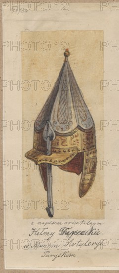 Hungarian helmets, drawing on tracing paper glued to paper with similar piece, glued at upper edge to brown cardboard, 1851–1878, Paris, drawing: 11.1 × 4.8 cm; card: 15.6 × 13.3 cm; cardboard: 35.3 × 24.5 cm., A painted depiction of a decorative pointed helmet with a narrow peak topped by a small round finial and a tiny red element, rendered in shades of gray and blue on the conical upper portion and gold and brown on the lower band and cheek pieces; the helmet shows ornate patterns and rivet-like dots, a protruding nose guard in gray, and a sword-like vertical element extending downward beneath it; the background is a warm beige rectangle framed by off-white margins with a few small dark spots and smudges.
