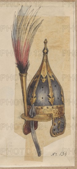 Hungarian helmet, drawing on tracing paper glued over entire surface to paper with a similar drawing, glued with upper edge to brown cardboard; drawing: 14.8 × 5.5 cm, card: 15.6 × 13.3 cm, cardboard: 35.3 × 24.5 cm; drawing, 1851–1878; Paris, military helmets/armor; maker/illustrator: Alexander Lesser 1814–1884;, related collector: Wiktor Stanislaw Zygmunt Lesser baron; 1853–1935., An ornate helmet and plume rendered on aged paper, the helmet showing a domed, pointed shape with decorative panels in gold and dark bluish-gray, accented with small dark spots and ornamental motifs; a gold band with decorative engraving wraps the base and a gold finial tops the helmet; attached cheek pieces in similar gold and blue tones hang at the sides. Beside the helmet, a tall plume rises with a wooden or gold-toned shaft and a cluster of long feathers transitioning from dark at the base through red to pale gray at the tips. The drawing is mounted on a beige, slightly stained background with a narrow ...