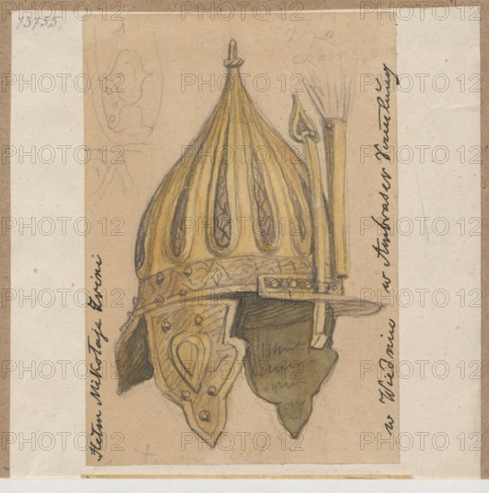 Helmet of Nikola Zrinski Miklos Zrínyi, drawing on paper glued to a support together with another sheet, upper edge glued onto larger brown cardboard; drawing: height 9.8 cm, width 6.8 cm; support: height 17.2 cm, width 10.3 cm; cardboard: height 35.2 cm, width 24.6 cm; subject: helmet, militaria, knights' armor; maker/author: Lesser, Alexander 1814–1884 draughtsman;, date: 1830–1884; inscriptions/identification: Zrinski, Nikola Šubic ban of Croatia, Dalmatia and Slavonia; ca. 1508–1566 — iconography., A drawing of a helmet rendered on tan paper, showing a domed, pointed top with vertical ridges and decorative teardrop-shaped panels; the helmet has a band around its base with patterned ornamentation and a brim extending to one side. Attached cheek guards hang down with embossed shapes and rivet-like marks, and a plume holder or crest mount is sketched beside the dome. The drawing uses shades of yellow, brown, tan, gray, and black for shading and outlines, with pencil sketch lines visib...