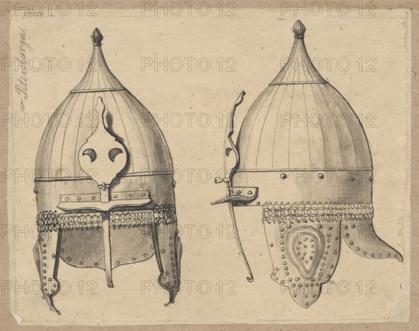 Moscow helmet, drawing of a Russian army helmet knights' armor, drawn on tracing paper glued with its entire surface to paper of similar dimensions, which was glued at the top edge onto brown-toned cardboard. Drawing height 11.6 cm, width 15.0 cm; support height 12.0 cm, width 15.3 cm; cardboard height 35.7 cm, width 25.9 cm. Dates: 1830–1884. Maker: Alexander Lesser 1814–1884; associated names: Emilian Lesser 1848–1912, Wiktor Stanislaw Zygmunt Lesser baron; 1853–1935. Function/subject: military helmets/armor; medium: drawing., A drawing of two helmets placed side by side on a beige paper background, each helmet rendered in shades of black and gray ink with wash shading; both helmets have rounded, fluted domes topped with pointed finials and horizontal bands around the lower dome, with a few decorative rivets visible on the metal bands. The helmet on the left shows a front view with a decorative flame-shaped faceplate featuring two teardrop-shaped openings, a straight nasal guard, and...