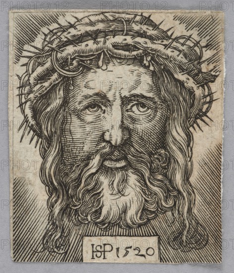 Head of Christ with a Crown of Thorns, Beham, Sebald 1500–1550 graphic artist/author, German, Renaissance, crown of thorns iconography, Passion New Testament, German graphic art, Jesus Christ iconography, New Testament, religious subject, 1520 matrix, Germany, graphic print; height 3.5 cm, width 2.9 cm, The image shows a detailed monochrome drawing of a bearded man's head wearing a crown of thorns; the man's long hair and beard are depicted with flowing, curved lines and fine hatching, and his face displays a solemn expression with downcast eyes and visible tears. The crown of thorns sits atop his head with many sharp spikes, and there are short lines and shading around the head suggesting texture or a background. The artwork appears on a light, slightly mottled background with darker inked lines creating the portrait; visible colors include shades of black, gray, and off-white.