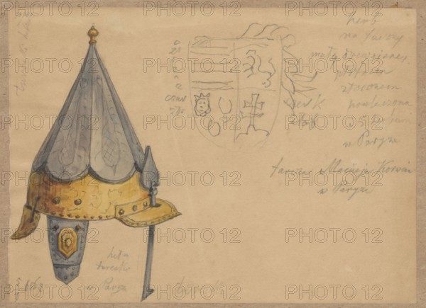 Turkish helmet and shield associated with Maciej Corwin; drawing glued with the upper edge to brown cardboard; 1867; drawing, sketch; height 13.0 cm, width 17.8 cm; cardboard: height 35.7 cm, width 25.9 cm; materials: paper on cardboard; subject: militaria—helmets, shields, coats of arms; armor, Turkish army, knights' armor; Maciej Corwin king of Hungary and Bohemia; 1443–1490 — iconography., A hand-drawn helmet occupies the left side of the image, rendered with a pointed conical top in shades of gray and blue and a lower band and cheek pieces in golden yellow with brown shading and small decorative rivets; a small golden finial sits at the apex and a thin vertical spike extends downward from the front; to the right of the helmet there is a roughly sketched shield outline and faint pencil sketches including organic shapes and flowing lines, all drawn in gray pencil; the background is a warm beige paper with visible subtle stains and uneven coloration, and there is faint cursive pencil ...