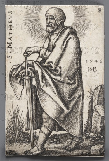 St. Matthew, from the series The Twelve Apostles, by Sebald Beham 1500–1550, graphic print, 1546 1st edition. Renaissance, German graphic art; depiction of Matthew the Evangelist St. Matthew; ?–ca. 60 with attributes, halos, swords, stones; biblical figure; saints; religious painting style; grasses and field plants. Height 4.4 cm, width 3 cm., A monochrome engraving shows an older bearded man wearing a hooded garment and a long cloak, standing and leaning on a tall sword held with one hand; a halo of radiating lines surrounds his head. The figure's cloak displays detailed folds and crosshatching, and his visible forearm and hand rest on the sword's pommel while the other hand is partly visible under the cloak. He wears leggings and simple shoes, and his stance places one foot slightly forward on textured ground. The scene includes grassy tufts and small rocks at his feet and a rocky outcrop to one side. The image is primarily black ink on a light background with shades of gray from the...