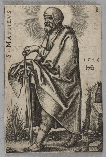 St. Matthew, from the series The Twelve Apostles; Sebald Beham 1500–1550, graphic artist; German, Renaissance; Matthew the Evangelist St.; ?–ca. 60 — iconography; New Testament; saints; apostles; halos; stones; field plants; swords weapons; attributes; religious image; graphic print; 1546 1st edition; height 4.6 cm, width 3.1 cm, A monochrome engraved image of a robed man standing and holding the hilt of a long sword that rests point-down on the ground; he wears a hood and a cloak with heavy folds, has a beard, and a halo-like radiating light behind his head; the ground shows rocks and tufts of grass, and there is a vertical strip of blank space along the left and right edges; the visible colors are black, off-white, and gray.