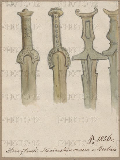 Hilts of Slavic swords. Drawing on paper glued with the upper edge to a tone of cardboard gray; 1856. Pen/ink or pencil drawing, height 15.6 cm, width 11.7 cm; mounted on cardboard 35.8 x 25.9 cm. Maker: Alexander Lesser 1814–1884. Subjects: swords, edged weapons, Slavic material culture; militaria., A vertical illustration of a group of ornamental sword hilts and upper blades arranged across a light beige background, rendered in muted tones of green, tan, gray, and brown with darker outline strokes; a few hilts show circular decorative elements and curved shapes, one hilt has a row of round accents along its shaft, another has a flared crossguard with angular cutouts, and a couple of blade sections extend downward with subtle shading and varied edge profiles.