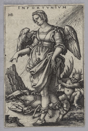 Misfortune, Beham, Sebald 1500–1550 author, German culture, Renaissance style, personifications iconography, crayfish, allegories, German graphic art, Satan iconography, rocks, 16th century, graphic art, graphic print, height 7.9 cm, width 5.1 cm, A grayscale engraving shows a winged, robed figure standing in the center with a downward gaze, curly hair, detailed feathered wings, and flowing garments with tied sash and layered folds; the figure’s arms extend outward and draped fabric hangs from one hand. At the figure’s feet are a few broken armor pieces and a large crustacean-like shell, and a small winged creature with spiky hair clings to the robe while crouching to the side. The ground is textured with rocks and pebbles, and a rocky outcrop rises behind the figure. Radiating lines from the upper corner suggest streaks of light. The visible colors are shades of black, white, and gray.