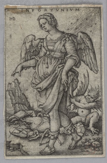 Misfortune; Sebald Beham 1500–1550, German Renaissance graphic artist; 16th century graphic print; personifications, allegories, Satan, crayfish, rocks; height 7.8 cm, width 5.1 cm., A grayscale engraving depicting a winged female figure standing with draped clothing and tied waist cords, her head turned slightly and hair styled in curls; a small winged putto-like child stands behind her, holding the edge of her garment and looking toward the viewer; the scene includes rocky ground with scattered shells and debris, a large crab near the woman's feet, and a distant rocky outcrop; rays or lines emanate from the upper right background; overall tones are gray, black, and off-white.