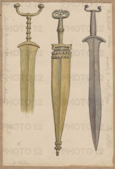 Three swords from the Hallstatt excavations. Drawing glued with the upper edge to brown cardboard. 1876. Drawing: height 18.8 cm, width 12.8 cm; cardboard: height 35.6 cm, width 25.8 cm., The image shows a drawing of three vertically oriented swords or daggers on a light beige background; the left and center blades and fittings are rendered in shades of yellow and gold with touches of greenish olive, while the right blade is painted in muted grays and bluish-gray tones. The left weapon has a curved two-pronged guard and a ridged handle above a long, slightly tapered blade in golden-yellow with subtle darker shading; the central piece features an ornate keyhole-shaped pommel, a decorative hilt with raised dots and banding, and a long tapered scabbard or blade in warm gold and olive hues with a small ornamental finial at the tip; the right weapon has a simple straight handle with a small curved guard and a dark gray, narrow double-edged blade displaying variations of gray and blue wash. ...