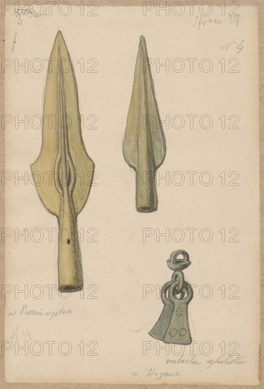 Bronze spearheads; drawing by Aleksander Lesser 1814–1884 as draughtsman; ink or pencil drawing glued at the upper edge to brown cardboard; dated 1856–1884; archaeological excavations; militaria, weapons, melee weapons, spearheads; craft; drawing: 18.9 × 12.8 cm; mounted on cardboard: 34.8 × 25.1 cm; Budapest place of origin?., A hand-drawn illustration on a beige paper background showing a few metal objects rendered in muted green and yellow tones: two elongated spearhead-like shapes with tapered points and hollow sockets, and a small pendant-like piece composed of looped rings and two flared plates with rounded edges. The paper has a slightly darker beige border and small areas of pencil sketch lines and faint smudges.