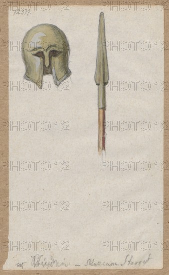 Greek spearhead and helmet, drawing, ca. 1876, pen-and-ink and wash on paper glued to brown cardboard; drawing 12.9 x 7.6 cm, cardboard 34.8 x 25.0 cm; Vienna., A hand-drawn image on a pale, textured sheet shows a metallic helmet and a spear. The helmet is rendered in shades of muted yellow-green with darker shadows and subtle gray highlights, featuring a rounded dome and downward flaring cheek guards with an angular central ridge suggesting eye openings. To the right, a spear with a tapered metal head in similar yellow-green tones sits atop a wooden shaft colored in light brown and reddish-brown, with soft gray shading along edges. The paper background is off-white with a beige border, and the drawing has faint pencil outlines and shading.