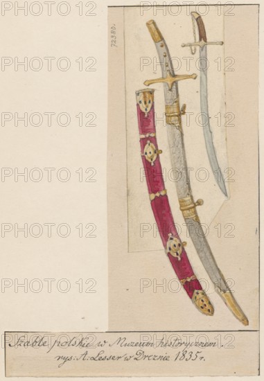 Two 17th-century Polish sabres; drawing on paper of irregular dimensions, glued to cardboard with the upper edge. 1835. Drawing: height 14.7 cm, width 6.8 cm; card: height 16.8 cm, width 11.5 cm; cardboard: height 35.8 cm, width 25.9 cm. Drawing; edged weapons; sabres; Polonica., A vertical illustration showing a group of blades and sheaths arranged against a light beige background, including a curved blade with a brown handle and silver guard, a longer curved sheath with gray embellished surface and gold fittings, and a red sheath decorated with gold circular ornaments; visible colors include beige, gray, gold, red, silver, brown, and touches of black.