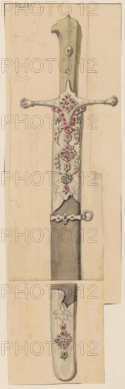 Karabela from the 17th century; drawing on cardboard glued to a larger cardboard at its upper edge; drawing, card: height 27.8 cm, width 8.4 cm; cardboard: height 35.7 cm, width 25.9 cm; maker/illustrator: Aleksander Lesser 1814–1884; date: 1830–1884; materials: ink/drawing on cardboard; subject: militaria — weapons, edged weapons, karabelas/sabres;, place of origin: unknown., The image shows a vertical drawing of a decorative dagger and its sheath on a beige paper background; the dagger handle is olive green with a curved top and circular embellishments, the crossguard is pale with ornate ends and red and green jewel-like decorations, and the blade area visible below the crossguard features floral and circular decorative motifs in red and green set against a grayish metal surface; a darker gray lower section of the scabbard has a pale decorative band with a loop, and a separate lower drawing shows the tip of the sheath in a lighter gray with a floral jewel motif; overall colors visibl...