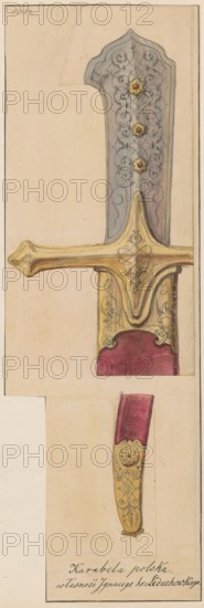 Polish karabela from the 17th century; drawing on cardboard, glued to a larger cardboard by its upper edge; medium: drawing, card; date: 1830–1884; dimensions: card — height 33.4 cm, width 10.9 cm; cardboard — height 35.8 cm, width 26.0 cm; subject: militaria — edged weapon karabela/saber., The image shows a detailed vertical drawing of a sword hilt and scabbard fragment on a pale beige background. The hilt features a curved guard and a decorated pommel with ornate scrollwork in gray and gold tones, and three small floral motifs in yellow with red centers along the blade-like section. The guard and fittings are rendered in golden yellow with darker brown shading and intricate engraved patterns, and there is a burgundy or deep red inset at the base of the guard. Below, a matching scabbard tip is depicted with a burgundy upper section and golden lower fittings decorated with engraved scrollwork and a circular floral motif in gold. The colors visible include beige, gray, golden yellow, br...