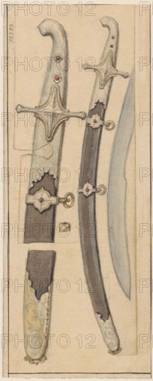 Polish karabela karabelas from the 17th century; drawing by Aleksander Lesser 1814–1884; medium: drawing on glued cardboard card glued to larger cardboard by the upper edge; subject: militaria — weapons, edged weapon sabre/karabela; date: 1830–1884; dimensions: card 21.2 × 8.5 cm, cardboard 35.8 × 26.2 cm; maker/author inscription: Aleksander Lesser 1814–1884; provenance note: gift., The image shows a vertical drawing of ornate curved blades and sheaths on a beige background, featuring two sword-like objects with hooked handles and decorative crossguards, a few floral or scroll motifs on the handles, and several jewel-like red accents; one blade is partially visible with a muted blue-gray tone and a darker central strip on the scabbard, while the sheaths display brown and cream areas with gold-colored fittings and small ring attachments, and the overall palette includes beige, cream, brown, gold, red, gray, and blue.