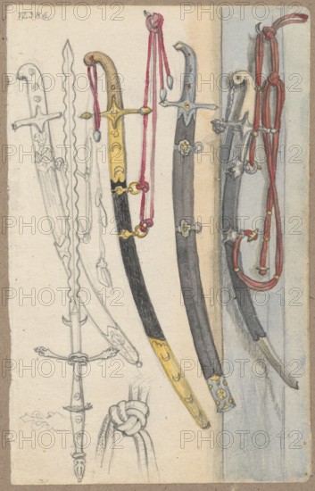 Five sabers with holsters; verso: blind man playing an instrument that is a type of harpsichord surrounded by other instruments. Aleksander Lesser 1814–1884, draughtsman. Medium: drawing glued with two strips on grey cardboard. Date: 1830–1884. Place of origin possibly Munich. Type: drawing/ sketch/ tracing. Drawing dimensions: height 17.1 cm, width 10.7 cm; cardboard: height 35.5 cm, width 25.7 cm. Subjects/themes: militaria, weapons, music, karabelas, sabres, blind men, musical instruments, harpsichords, musicians, edged weapons., The image shows a vertical arrangement of ornate curved blades and scabbards, some rendered in pencil sketch and others in color; a few have black scabbards with gold fittings, a couple show grey or metallic blades and hilts, and several cords or tassels in red hang from the hilts. The left side contains light pencil drawings of swords and a knotted rope, the center features two colored curved swords with decorative gold and grey elements and red hanging co...