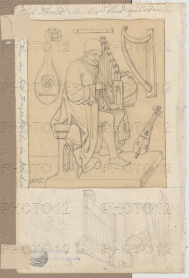 Five sabers with holsters; verso: blind man playing an instrument that is a type of harpsichord surrounded by other instruments. Draughtsman: Aleksander Lesser 1814–1884. Subject/keywords: militaria, craft, weapons, music, karabelas, sabres, blind men, musical instruments, harpsichords, musicians, edged weapons. Drawing glued with two strips on grey cardboard with the side edge. Date: 1830–1884. Place of origin: Munich . Medium: drawing, sketch, tracing. Dimensions: drawing 17.1 × 10.7 cm; cardboard 35.5 × 25.7 cm., A pencil drawing on aged paper shows a seated figure wearing a long robe and a hat, positioned on a raised platform and playing a small keyed pipe instrument held upright against the chest; nearby are a harp with curved frame, a few lute-like stringed instruments hanging or resting, and a horizontal flute-like instrument above the figure. The scene is bordered by additional sheets with faint sketches and stamps visible along the lower area, and the visible colors are shades...