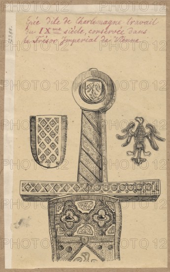 Sword of Emperor Charlemagne, 9th century hilt. Drawing on tracing paper glued on cardboard, with the entire surface covered and the upper edge glued onto a brown-toned backing. Drawing: height 18.2 cm, width 10.8 cm; card: height 18.6 cm, width 11.6 cm; cardboard: height 34.6 cm, width 25.1 cm. Drawn 1830–1884. Materials/subject: craft, militaria, cold steel, weapons, swords; Charlemagne 742–814 — iconography. Maker/draughtsman: Alexander Lesser 1814–1884. Gift; provenance unknown., A vertical drawing on beige paper showing the upper portion of an ornate sword with a round pommel, a long decorated grip with diagonal bands, and a crossguard with geometric and circular patterns; a detailed scabbard or guard piece with repeated floral and shield-like motifs appears below the crossguard; to the left of the grip there is a patterned shield-like fragment with a lattice of diamond shapes, and to the right there is a stylized bird emblem with outstretched wings; the page has a narrow off-whit...
