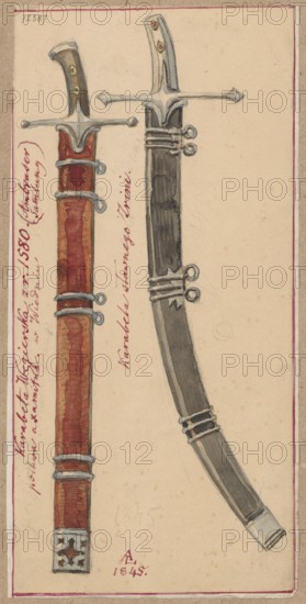 Two Hungarian sabres, including one formerly owned by Nikola Zrinski Miklos Zrínyi. Militaria; weapons; edged weapons; sabres; karabelas. Possible association with Zrinski, Nikola Šubic ban of Croatia, Dalmatia and Slavonia; ca. 1508–1566 — iconography. Hungarian army. Drawing glued across the entire surface onto paper of similar dimensions, which is glued with the upper edge onto cardboard. 1845. Drawing: height 21.1 cm, width 10.1 cm; card: height 21.2 cm, width 10.5 cm; backing card: height 35.2 cm, width 24.8 cm., The image shows a drawing of two sheathed curved blades placed side by side on a cream-colored paper with a thin red border; the left sheath is primarily red with darker red shading and silver-colored metal fittings and a brown handle capped in a light color, while the right sheath is mainly dark gray to black with silver fittings and a lighter-colored handle tip; both have crossguards depicted in a silvery tone and small loop rings on the fittings; the paper background i...