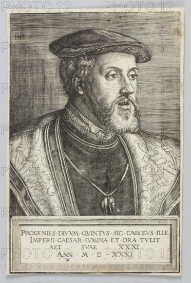 Portrait of Emperor Charles V, Beham, Barthel 1502-1540 author, Charles V Roman-German Emperor; 1500-1558, portraits of rulers, Order of the Golden Fleece, German culture, German graphic art, Renaissance style, Charles V Roman-German Emperor; 1500-1558 - iconography, male portraits, portraits, emperors, rulers, costumes, berets, men's costumes, busts, male busts, 1531 1st edition, graphic art, graphic print, height 20.7 cm, width 13.5 cm, A detailed black and white engraved portrait shows a bearded man in three-quarter view wearing a soft cap and richly decorated garments; his hair and beard are rendered with fine lines, and his expression is neutral as he looks to the side. The clothing includes a dark inner garment with a visible rounded collar and a patterned outer robe with ornate floral-like motifs, and a pendant on a cord hangs at his chest. The background is filled with horizontal hatch marks, and the image has a light border around it. Visible colors include shades of black, gr...