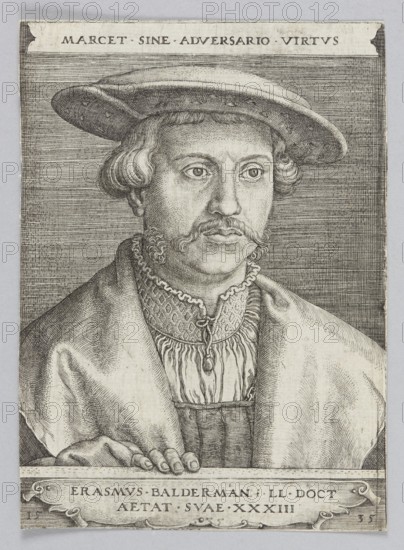 Portrait of Erasmus Baldermann, by Barthel Beham 1502–1540, graphic print, 1535 1st edition. German graphics; Renaissance style. Subject: male portrait/bust of a scholar in beret and male costume. Medium: graphic print. Dimensions: height 13.2 cm, width 9.4 cm., A monochrome engraved portrait of a man shown from the chest up wearing a wide-brimmed hat and a layered outfit with a high, patterned collar and a draped outer garment; he has short, wavy hair at the sides, a curled mustache with small curled beard pieces, and a composed facial expression with eyes looking slightly to one side; his right hand rests on a ledge in front of him with visible fingers; the background is filled with closely spaced horizontal lines and the image is bordered by a plain light-gray mat.
