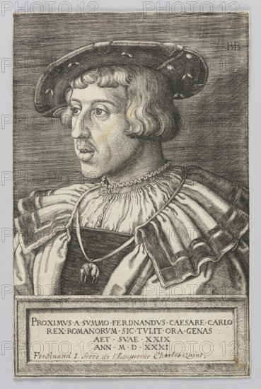 Portrait of Emperor Ferdinand I, Beham, Barthel 1502–1540 graphic artist, portraits of rulers, German culture, Ferdinand I Habsburg 1503–1564, beret, emperor, German graphics, costume design, bust, men's portrait, Order of the Golden Fleece, Renaissance style, men's costume, ruler, Ferdinand I Habsburg 1503–1564 - iconography, 16th century, graphic print, height 20.5 cm, width 13.2 cm, A monochrome engraved portrait of a man shown from the chest up in three-quarter view, wearing a wide brimmed, rounded hat and a layered garment with a ruffled collar and ornate shoulder pieces, a pendant on a cord hanging at his chest, short wavy hair, a mustache and a small goatee, and a lined background behind him with a bordered rectangular panel below containing inscribed text; visible colors include shades of black, gray, off-white, and a hint of yellowish discoloration on parts of the face and paper.