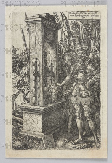 Tytus Manlius; Aldegrever, Heinrich ca. 1502–1555 or 1561 graphic artist/author; Manliusz Torkwatus, Tytus fl. ca. 347 BC — iconography; moralizing scenes; executions; Renaissance; German graphic art; 16th century; graphic print; height 11.3 cm; width 7.3 cm, A black and white detailed engraving showing a group of armored soldiers clustered around a tall wooden structure with carved grain and metal fittings, one soldier in ornate plate armor and a plumed helmet standing prominently in the foreground holding a severed head by the hair, a group of spears and banners rising behind the soldiers, a pedestal base for the wooden structure with textured stone surface, a few figures and horses visible in the background along a path, scattered vegetation and clumps of grass at the base, and a small rectangular plaque leaning against the pedestal.