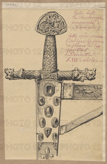 Sword hilt from the 13th century, drawing on tracing paper glued over the entire surface to cardboard card glued with its upper edge to a brown-toned backing, drawing; height 17.9 cm, width 11.6 cm; card: height 18.7 cm, width 12.2 cm; cardboard: height 34.7 cm, width 24.9 cm; materials: drawing, tracing paper, cardboard; subject: militaria, weapons, edged weapons, swords; date: 1830–1884; maker/attribution: Lesser, Alexander 1814–1884 illustrator; provenance: gift., The image shows a detailed black ink drawing of the upper portion of a decorative sword and its scabbard on a beige paper background; the sword handle has an ornate rounded pommel with intricate swirling patterns and a long grip covered in a diamond pattern with small floral motifs, and a crossguard with curled decorative ends. The scabbard is vertically positioned with multiple oval and shield-shaped raised decorations and a floral motif near its lower end, and a horizontal decorative strap with engraved patterns is attac...