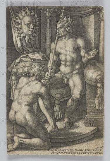 Apollo Helios, Sol, from the series: Gods Patronizing the Planets, Aldegrever, Heinrich ca. 1502–1555/1561 graphic artist/author; subject: Apollo mythology, Helios mythology, Phaeton mythology; personifications, mythological figures and scenes; iconography: planets, sun, crowns, attributes, thrones, interiors; style: Renaissance; German graphics; male nudes, nudes; function: graphic print; date: 1533 1st edition; dimensions: height 9.6 cm, width 6.3 cm, The image shows a black-and-white engraving of two nude male figures in an interior setting; one figure sits on a cushioned throne wearing a crown and holding a long staff, with a muscular torso, an outstretched hand, and a detailed face turned toward the kneeling figure; the other figure kneels on the floor facing the seated figure, with curly hair and a bent posture showing the back and legs; behind them are architectural elements including a column, drapery, and plush cushions with tassels; a stylized sun with a human face appears on...