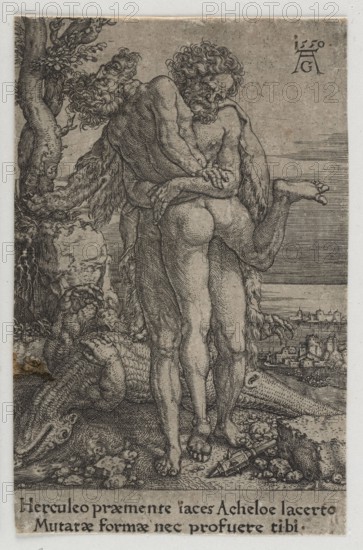 Hercules Fighting with Achelus, Aldegrever, Heinrich ca. 1502-1555 aut. 1561 graphic artist/author; subject: Hercules mythology battling Achelous; mythological scene with heroes, male nudes; materials/technique: graphic art/graphic print 1st edition, 1550; dimensions: height 10.1 cm, width 6.4 cm; style/culture: German; imagery: fight, clubs, trees, river gods, river, crocodiles/animals, landscape., The image shows a monochrome etching of two male figures standing closely together, one facing forward and the other turned slightly, both with curly hair and muscular bodies, their arms wrapped around each other. One figure appears to have a draped fur or pelt over parts of his body. Behind them on the left is a large tree with visible bark texture and foliage, and below them on the left is a large reptilian creature with textured scales and a visible head near the bottom edge. The ground around their feet is rocky with scattered small rounded objects and a broken spear or pointed object n...