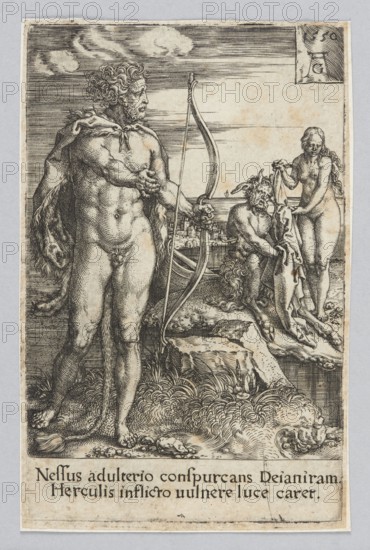 Hercules Killing Nessus, Aldegrever, Heinrich ca. 1502–1555/1561 graphic artist, mythological scene depicting Hercules and Deianira, satyrs and other mythological figures; materials: graphic art/graphic print; style: Renaissance, German graphic art; subjects: Hercules mythology, Deianira mythology, nudes male and female, bows weapons, clubs, animal skins; date: 1550 1st edition; dimensions: height 10.1 cm, width 6.7 cm., A monochrome engraving shows a muscular nude man standing foreground left, wearing a cloak draped over one shoulder and holding a large bow, his hair curly and his gaze turned to the right; to the right a group with a seated horned creature and a standing nude woman faces him while holding a cloth between them; the scene includes a rocky shoreline and a small boat in the midground, with a stylized town visible behind them; the sky has horizontal lines and a few clouds; foreground details include textured grasses, rocks, and waves; the palette is black, gray, and off-wh...