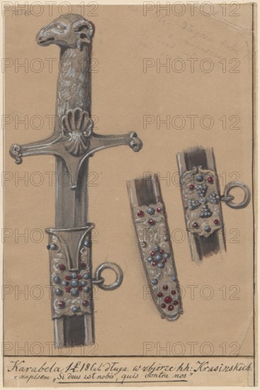 Polish karabela with the inscription Si deus est nobis, quis contra nos; drawing; materials: drawing glued across the entire surface to paper of similar dimensions, which is glued across the top edge to cardboard; bladed weapon karabela; craft, militaria; dated 1830–1884; drawing: height 19.9 cm, width 14.1 cm; card: height 21.4 cm, width 14.4 cm; box: height 35.8 cm, width 26.0 cm; Warsaw place of origin ?., A drawing of a sword and two scabbard fittings on a tan paper background, showing a sword hilt with a carved animal head pommel in brown and gray tones, a crossguard with decorative curves in gray and white highlights, and a blade section in gray; the scabbard and fittings are decorated with ornate metal plates in gray and white with clusters of small round jewels in red and blue, and metal rings attached to the fittings; the paper has a narrow white border and faint pencil marks near the top, with areas of darker brown shading around the fittings.
