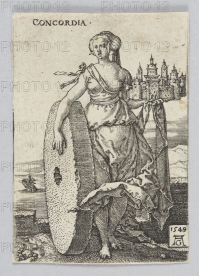 Concordia, from the series: Allegorical Figures, Aldegrever, Heinrich ca. 1502-1555 aut. 1561 graphic artist, allegories, German, Renaissance, German graphics, attributes, figures with attributes, personifications iconography, castles architectural, Concord personification/allegory, women, landscapes, mill wheels, 1549 1st edition, graphic print, height 6.9 cm, width 4.9 cm, A monochrome engraving shows a standing female figure draped in flowing garments, with a head covering and exposed shoulder, holding a large oval shield with one hand and a small model of a fortified city with the other; the figure stands on textured ground with a few small seashells near her feet, a small sailing ship is visible on the water in the background, and a distant shoreline and hills appear behind the figure; the image primarily contains shades of black, gray, and off-white.