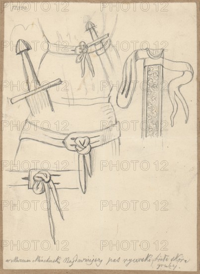Sword hilt and knight's belt; verso: sketch of a decorative oval frame. Draughtsman: Aleksander Lesser 1814–1884. Drawing glued with the upper edge to brown cardboard. Date: 1830–1884. Medium: drawing, sketch. Sheet: height 19.9 cm, width 14.6 cm. Cardboard: height 34.9 cm, width 25.2 cm. Materials/subject: swords, belts, knightly belts, militaria; crafts., A pencil sketch on off-white paper showing parts of a torso with a belt and a dagger tucked into it, a separate detailed drawing of a decorated sheath with flowing straps, and several studies of knotted belts and hanging straps; the lines are gray and soft with areas of darker shading, and the paper has a slightly aged beige border.